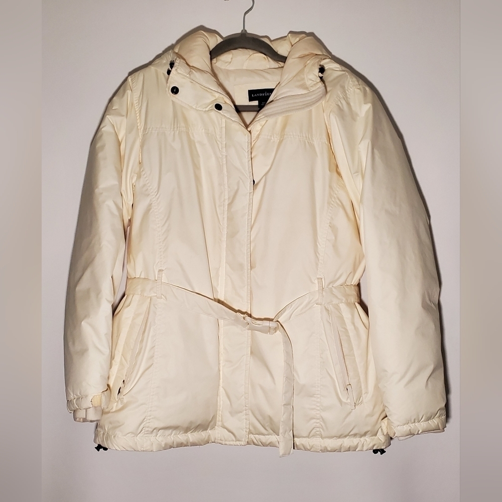 Lands' End Cream Color Belted Puffer Jacket- Women- Size Medium